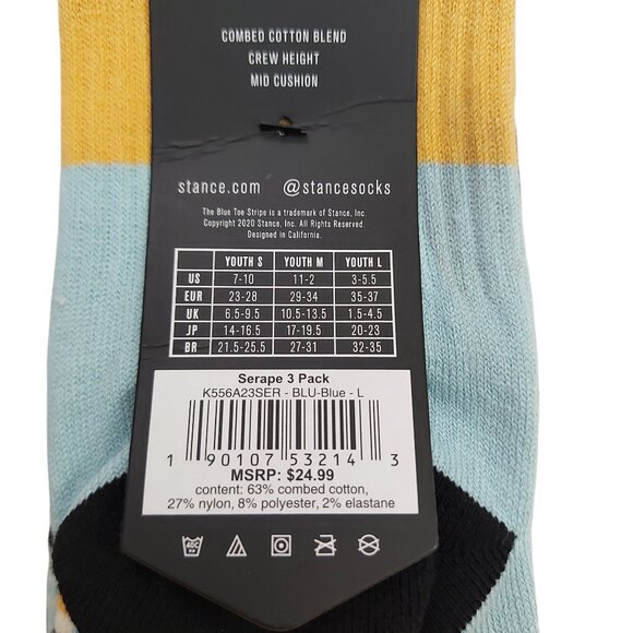 Stance Socks Kids Large 3-5.5 Years 3-Pair Crew Height Mid Cushion Combed Cotton - Picture 8 of 8